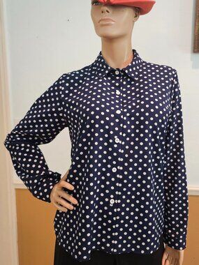 Women's Large Long Sleeve Navy and White Polka Dot Shirt